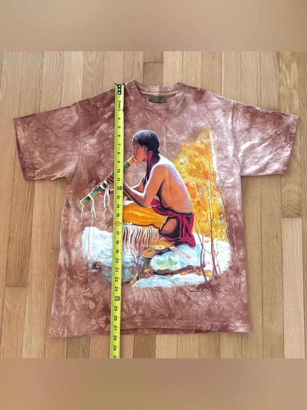 Vintage 1997 The Mountain Native American Flute Player T Shirt L Leather Tag